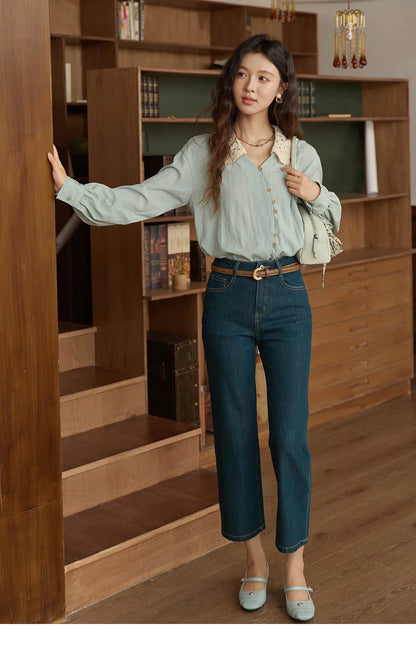 Women's Linen Shirt 2025 Autumn Contrast Apricot Lapel Shirts Long Sleeve Curved Placket Tops Office Lady MXE43C2387
