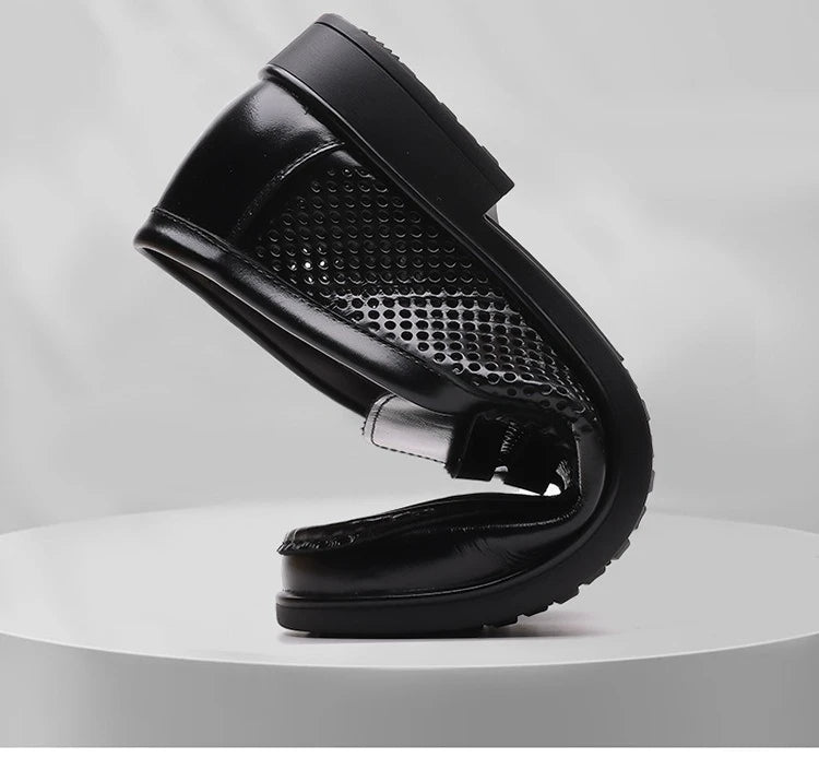 2026 Summer New Men's Breathable Leather Loafers Slip-On Hollow Out Casual Business Casual Shoes for Man Flat Driving Shoes Male