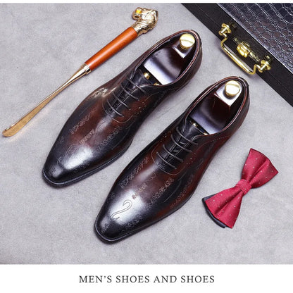 Men's Business Dress Leather Shoes Genuine Leather Shoes Full Cowhide British Laser Engraving Pattern Men's Wedding Shoes 37-46
