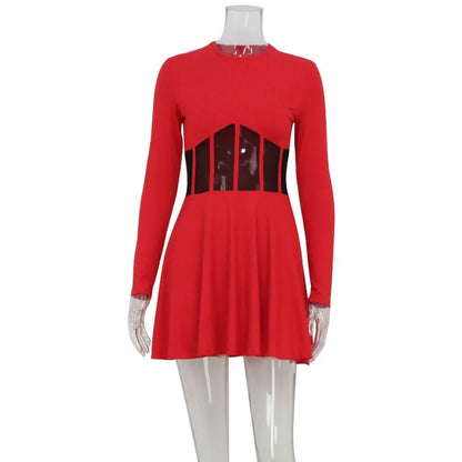 Fashion Solid Women's Mini Dresses A-Line Knitted Sheer Slim Fit Long Sleeves Bodycon O-Neck Party Streetwear Vestidos