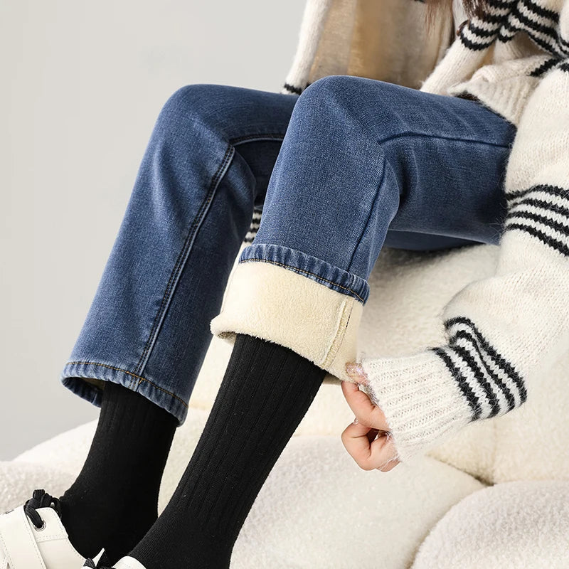 Winter Warm Jeans Women's Thickened Soft Comfortable Elastic Denim Pants Fashion Korean Straight Female Velvet Warm Clothing
