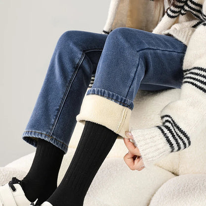 Winter Warm Jeans Women's Thickened Soft Comfortable Elastic Denim Pants Fashion Korean Straight Female Velvet Warm Clothing