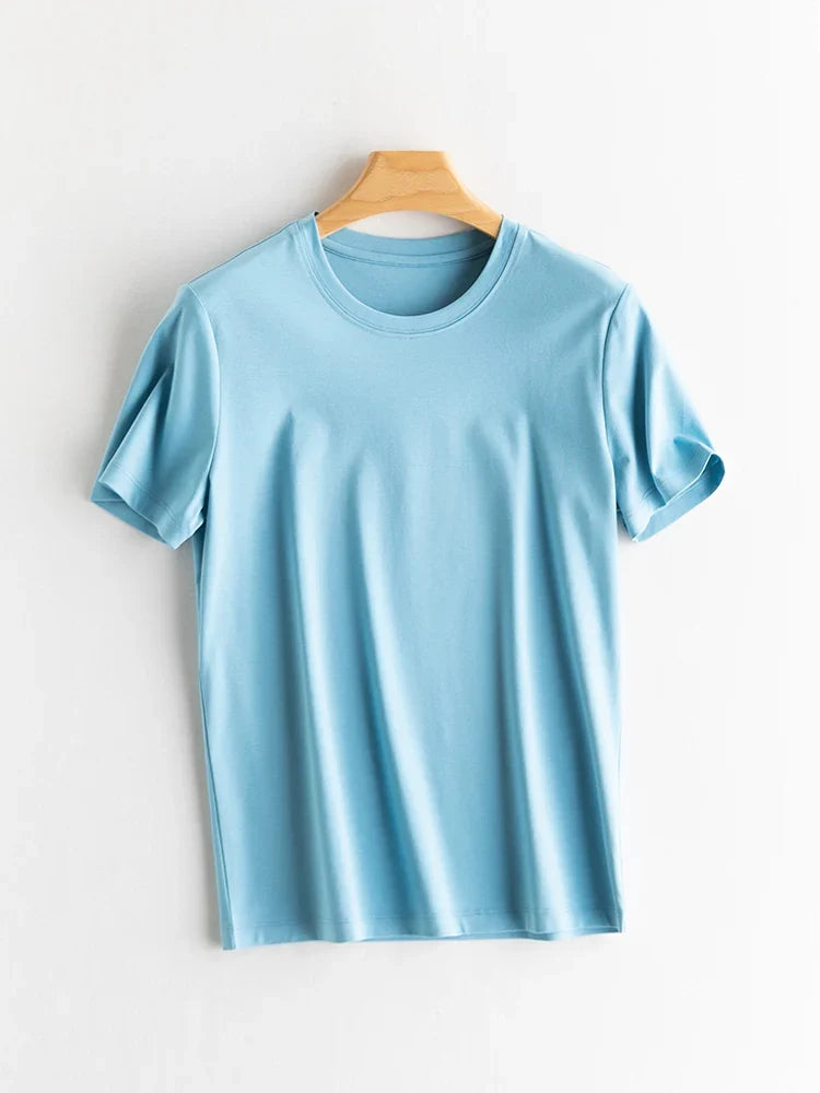 Women Solid T shirts, Silk Cotton Blend, O Neck, Short Sleeved Solid Tee,2025 Summer Candy Colors Basic Cozy Top Green