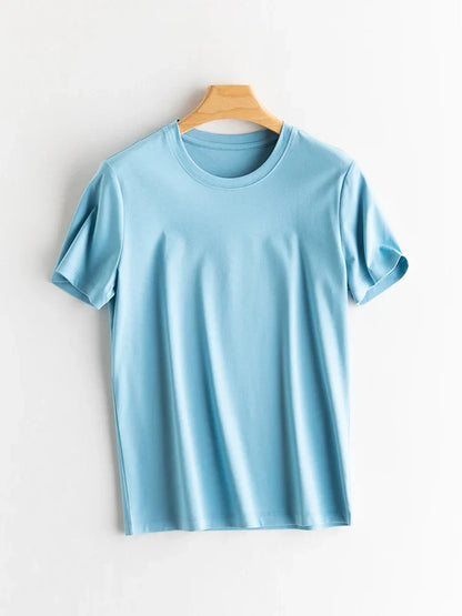 Women Solid T shirts, Silk Cotton Blend, O Neck, Short Sleeved Solid Tee,2025 Summer Candy Colors Basic Cozy Top Green