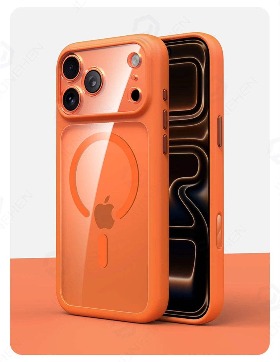 Magnetic Business Simplicity Shockproof Orange Bumper Camera Button Case For iPhone 17 16 15 14 Pro Max Clear Cover For Magsafe