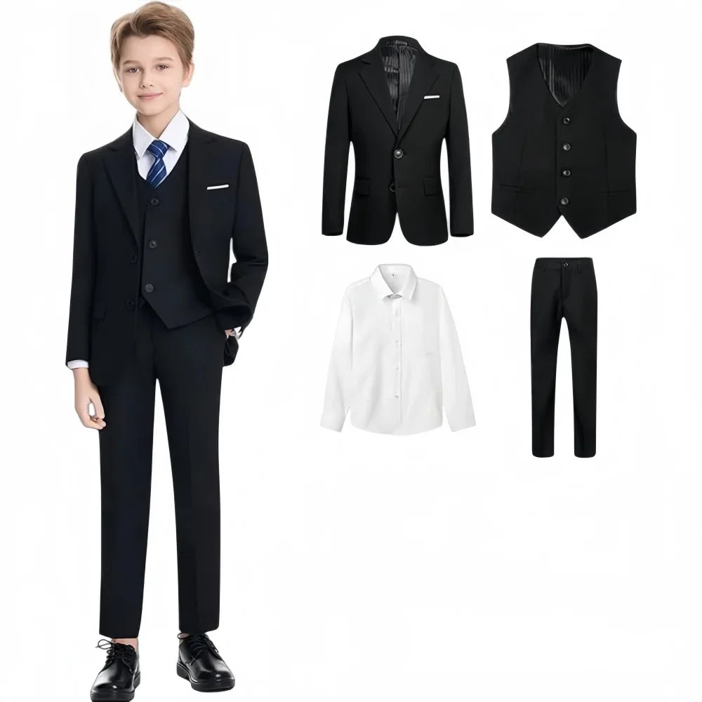 Boys Formal Suit Set 4 Pieces Jacket Vest Shirt Pants Wedding Ring Bearer Outfit Smart Elegant Kids Suits Host Costumes Tuxedo
