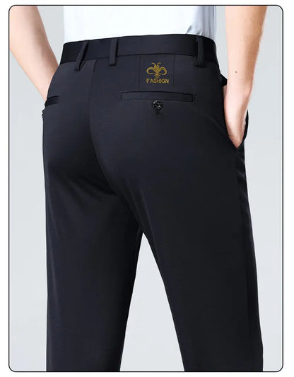 Men's Stretch Pants with Embroidery Casual Suit Pants Wrinkle Resistant Dress Pants