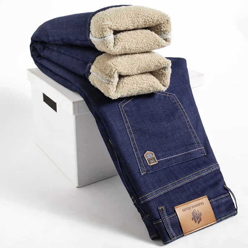 Winter Warm Fleece Jeans Men 2025 Straight Stretch Thick Casual Thermal Denim Pants Male Business Work Trousers New Men Clothing