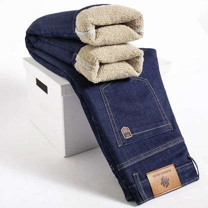 Winter Warm Fleece Jeans Men 2025 Straight Stretch Thick Casual Thermal Denim Pants Male Business Work Trousers New Men Clothing
