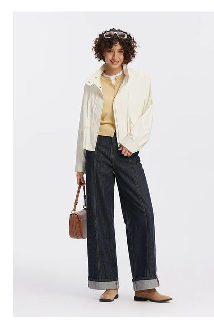 Women Jacket Solid Stand Collar Bubble Hem Oversize Dropped Shoulder Casual Style Autumn Outerwear Daily Wear 2026