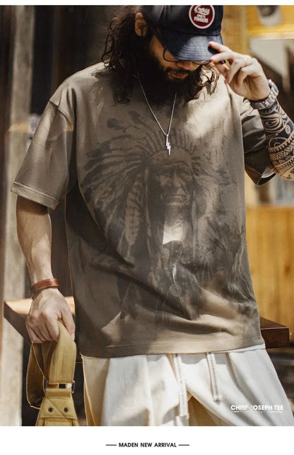 Vintage Navajo Print Short Sleeve T-Shirt Men's Summer Heavyweight Cotton Tee Letter Embroidered Loose Fit Crew Neck Tops