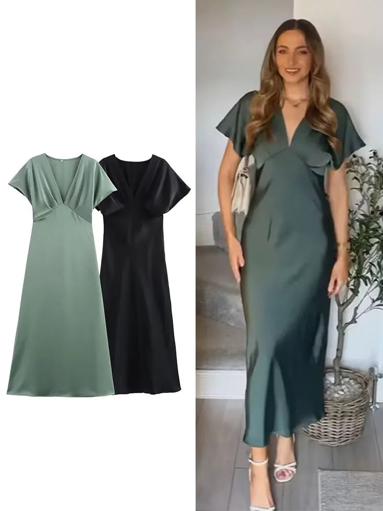 Women Elegant Solid Satin Dress Sexy V Neck Short Sleeve Midi Dress 2025 New Fashion Summer Lady Holidays Party Dress