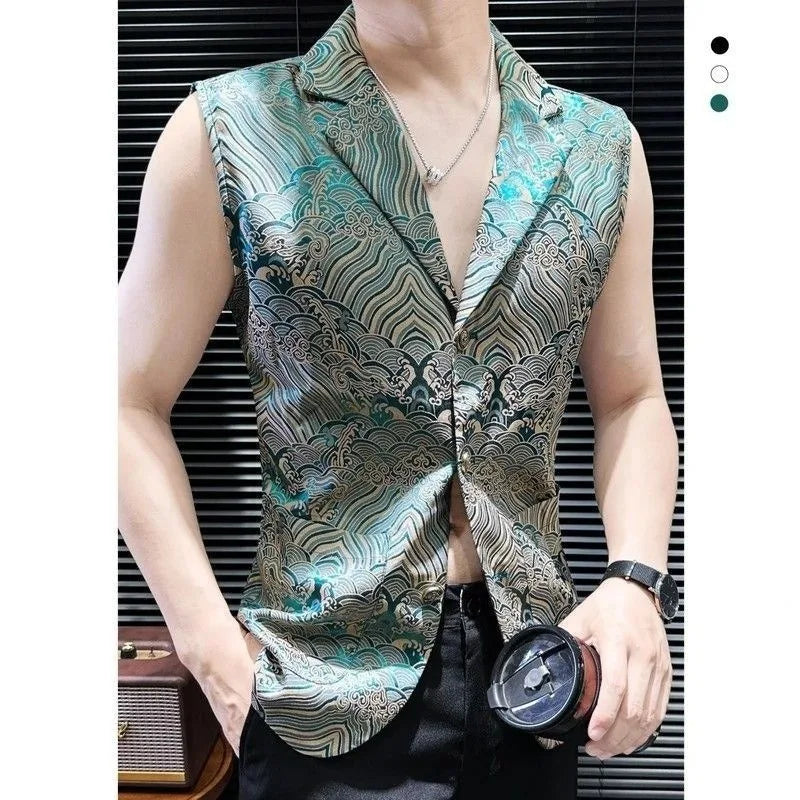 Man Suit Vest Vintage Printed Turn Down Collar Male Waistcoat Thin Slim Single-breasted Sleeveless Casual Men Vest