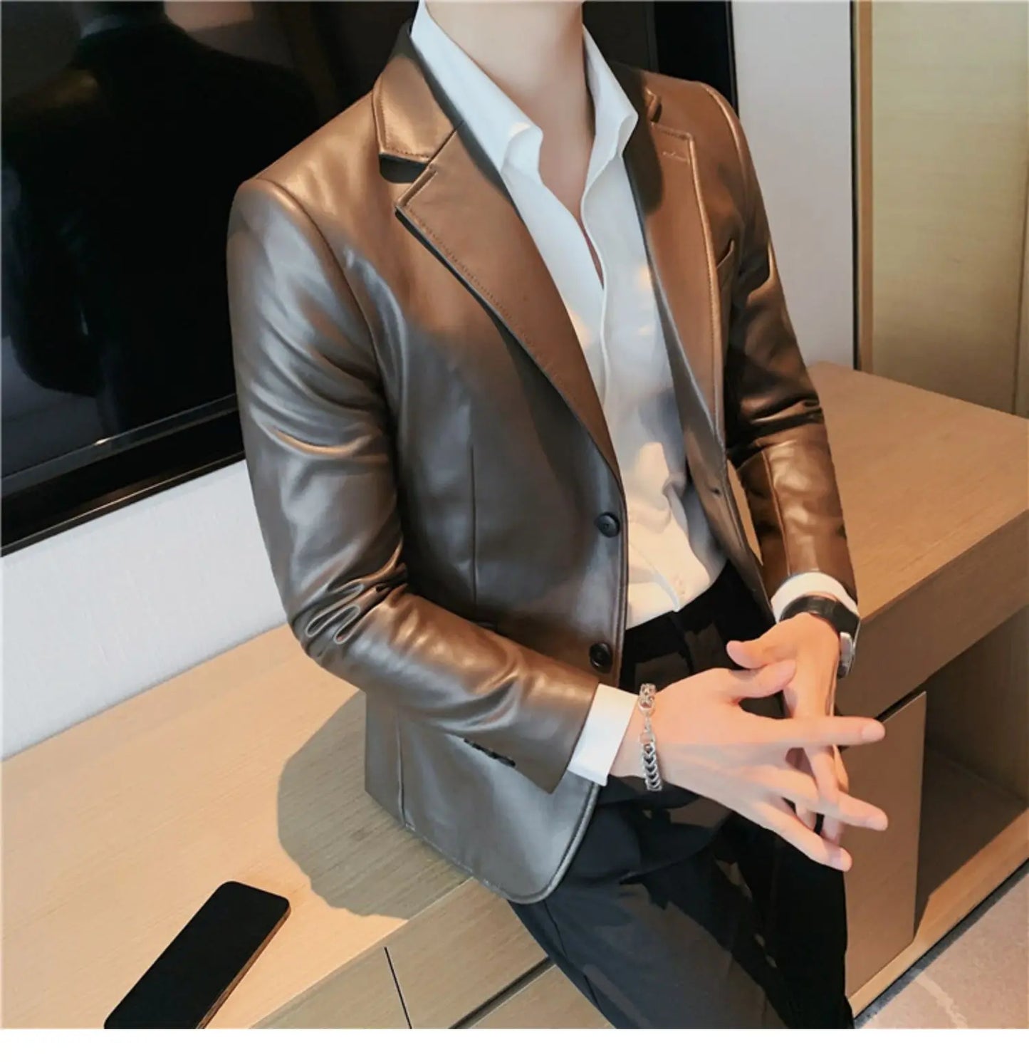 Men's Leather Jacket 2024 Autumn Highend Fashion Solid Slim Fit Business Blazers Coats Korean Casual PU Leather Suit Tuxedo