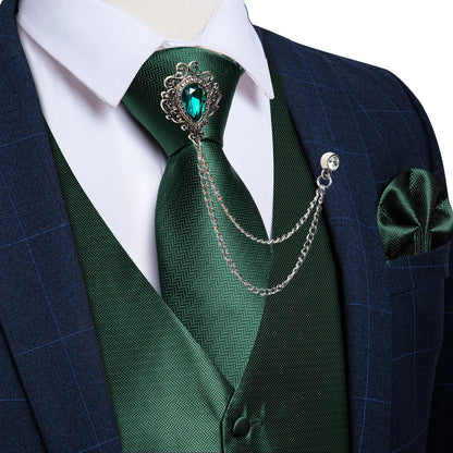 New Teal Green Paisley Formal Dress Vest Men's Suit Vest Waistcoat Tie Brooch Pocket Square Set for Tuxedo