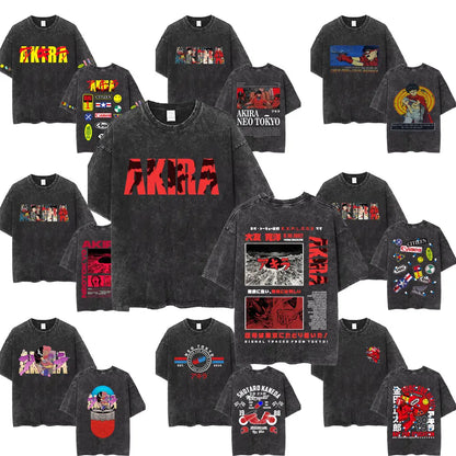 Washed Vintage Anime Akira T Shirts Japanese Science Fiction Cartoon Movie Shotaro Kaneda T-shirt Men's Manga Oversized T-shirts