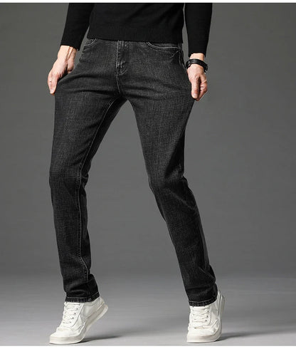 2025 Fall New Men's Cotton Stretch Slim Jeans Straight Version Business Fashion Denim Pants Vintage Blue Brand Trousers Black