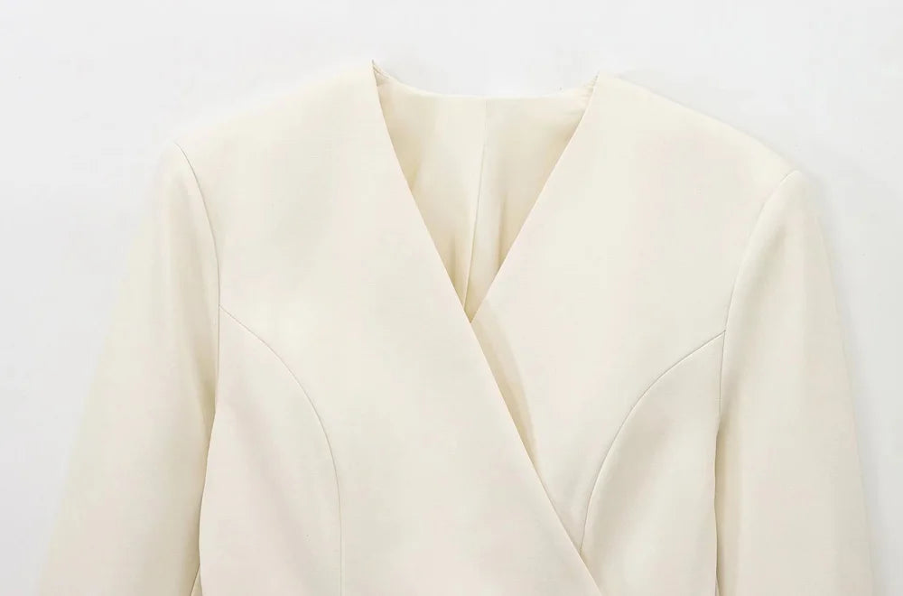 Women's Chic V-Neck Blazer Coat with Belt Long Sleeve Snap-Button Fashion Outerwear Top
