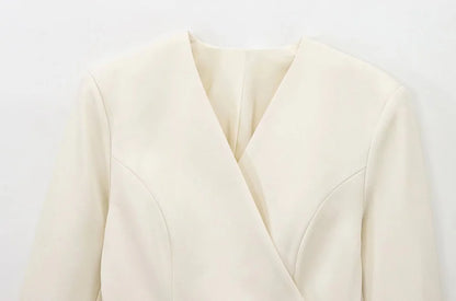 Women's Chic V-Neck Blazer Coat with Belt Long Sleeve Snap-Button Fashion Outerwear Top