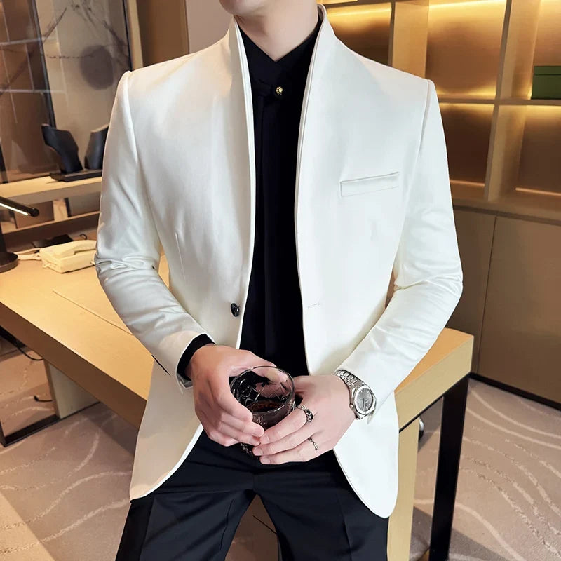 New Blazer Cowhide Velvet Korean Version Business Slim Fit Suit Stand Collar Fashionable Casual Suit Jacket Men Formal Clothing