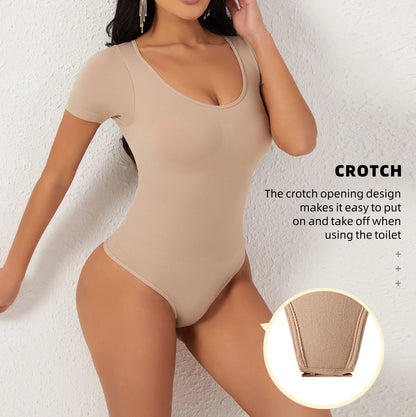 Short Sleeves Open Crotch Big U Neck Sexy Shapers Bodysuit Shapewear Women Body Shaper Tummy Control Corset Thong Underwear