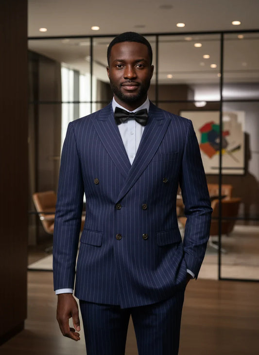 Men Striped suit Double Breasted High-end Brand Formal Business Slim Fit Coat Pants 2 Pieces Set Fashionable and Casual