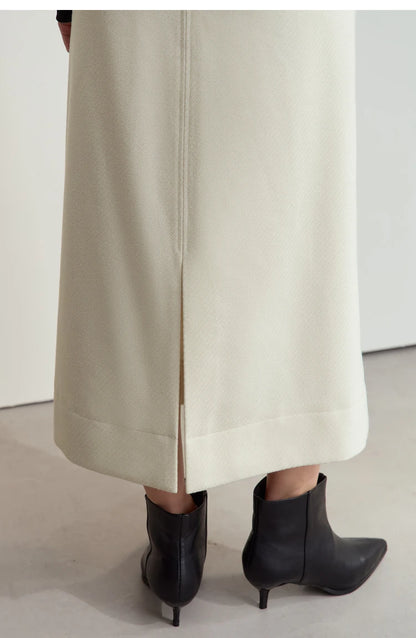 Minimalism Women's Elegant Commuter Skirts with Velvet Belt 2024 Winter Twill Fabric Warm Slit Straight Midi Skirt 12444183