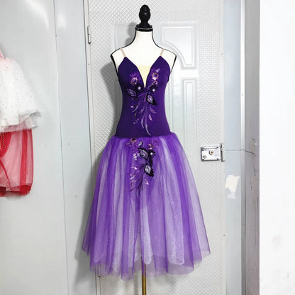Long Ballet Tutu Skirts Flower Lace Dress Performance Costumes Princess Dance Practice Romantic Dress