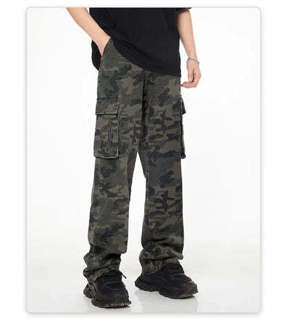 Tall Pants for Slim Thin Skinny Men Y2K Straight Wide Leg Cotton Cargo Pants Camouflage Extra Long Length Trouser Male Vintage