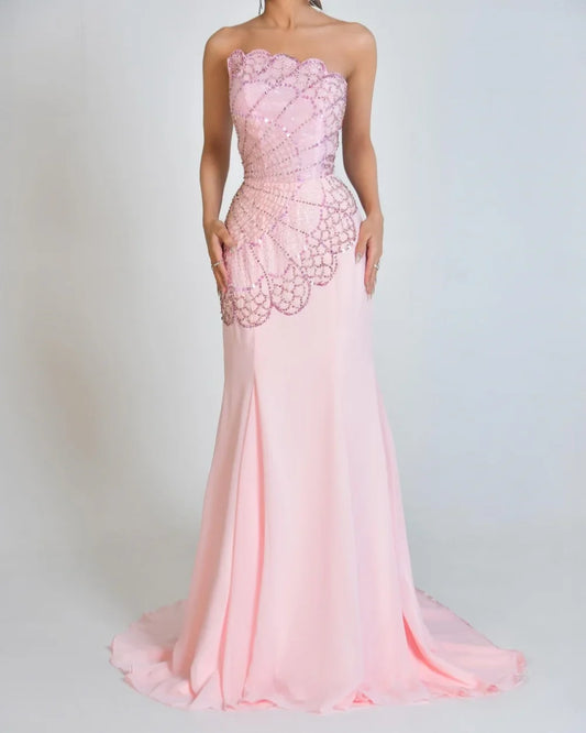 Customized Classic Chiffon Sequined Beading Rhinestone Draped A-line Scalloped Long Dresses Bespoke Occasion Dresses Exquisite