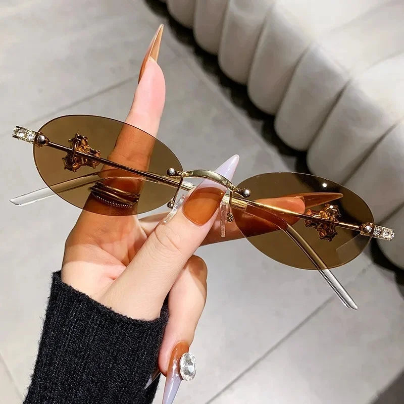 Women's Fashion Glasses Exquisite Diamond Decoration Sunglasses Oval Shaped Frame Cut Edge Frameless Small Outdoor Sun Glasses