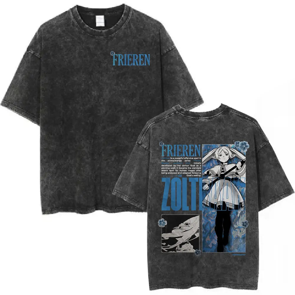 Anime Frieren: Beyond Journey's End Graphic Washed Vintage T-shirt Men's Women Fashion Short Sleeve Cotton Casual Loose T Shirts