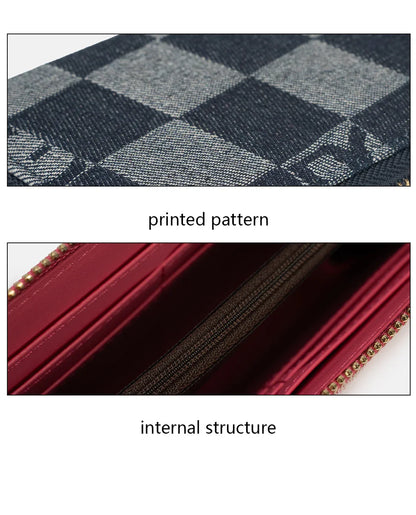 Women Handbag Chessboard Pattern Long Wear Resistant Denim Retro Large Capacity Multi Card Niche Luxury Versatile Wallet
