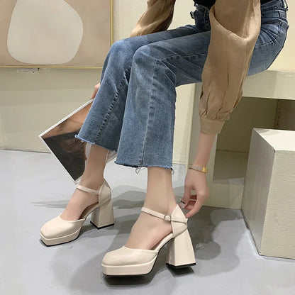 Thick-heeled High-heeled Shoes for Women 2024 Spring and Summer New Waterproof Platform Simple Black Thick-soled Elegant Shoes