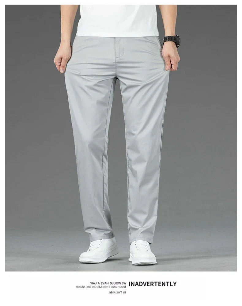 Spring Summer New Men's Casual Pants Thin Mulberry Silk Soft Business Casual Trousers Slim Straight Elastic Suit Pants Male
