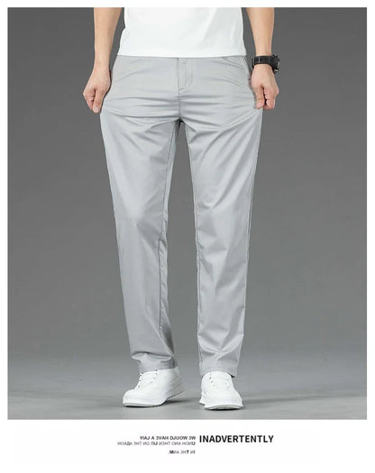 Spring Summer New Men's Casual Pants Thin Mulberry Silk Soft Business Casual Trousers Slim Straight Elastic Suit Pants Male