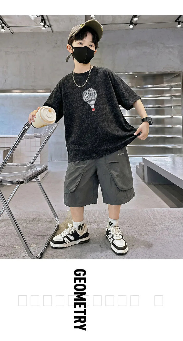 Fashion Boys Summer Outfit T-shirt Shorts Sports Set Children Top and Bottom Tracksuit Set Kids Casual Cotton Sportswear 5-14Y