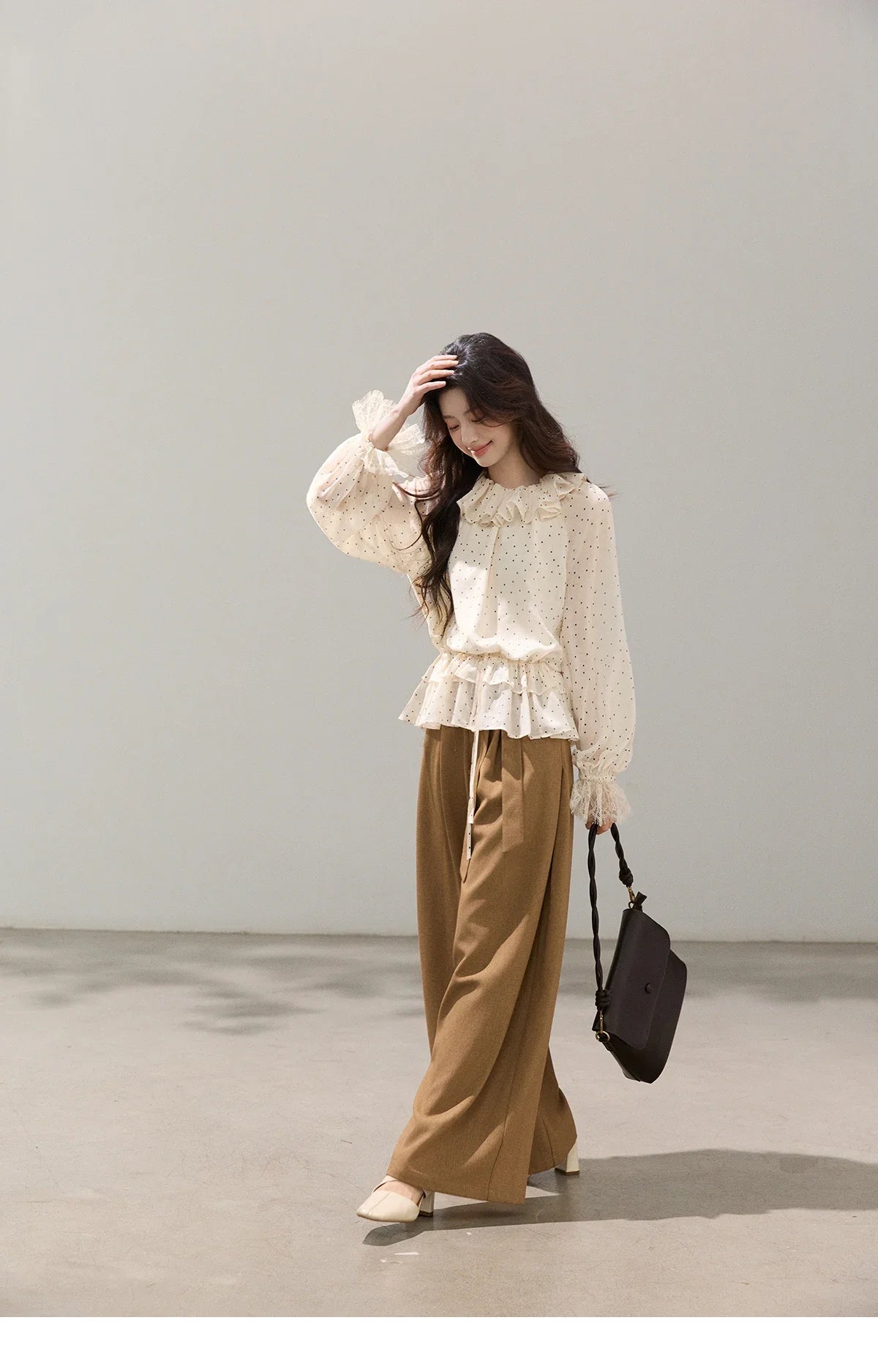 Retro Polka Dot Ruffle Chiffon Blouse 2026 Spring New Apricot Lace Cuffs Design Top Gentle Tie Shirt for Women MXF13X2530