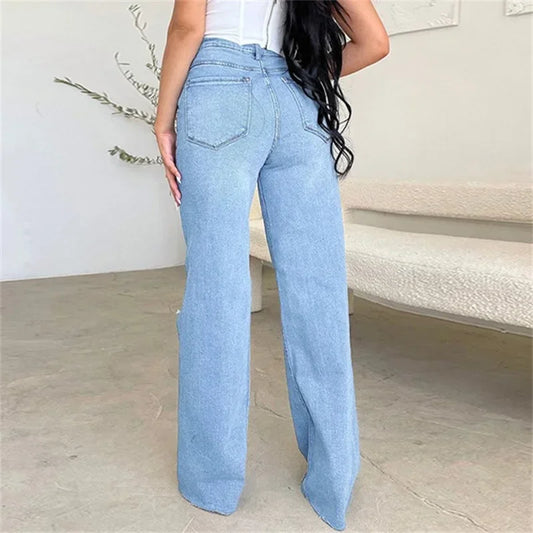Women Knee Broken Holes Trend Straight Jeans Fashion Comfortable Casual High Waist Denim Pants Female Loose Wide Leg Trousers 24