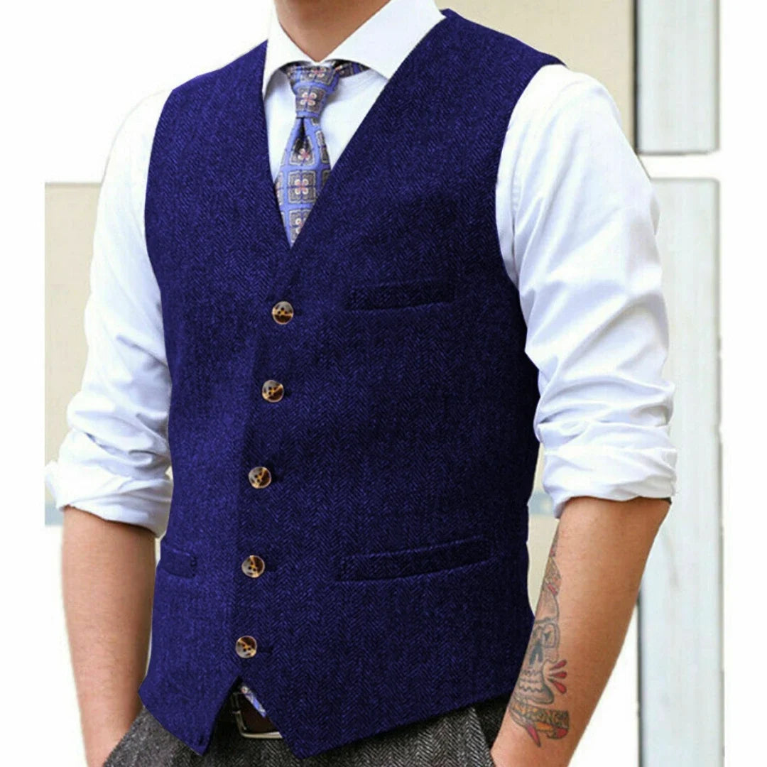 Men Vest Gray Herringbone Single Button With Pocket V Neck Waistcoat For Wedding Banquet Business Work Casual Daily Men Vest