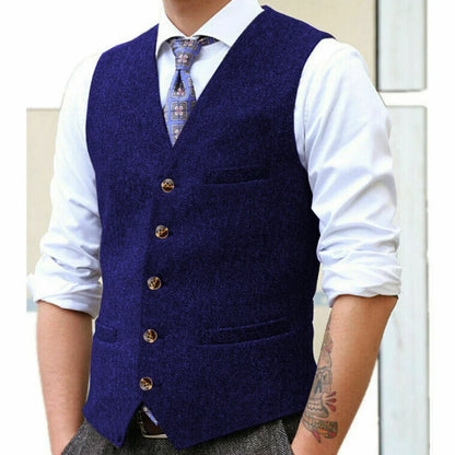 Men Vest Gray Herringbone Single Button With Pocket V Neck Waistcoat For Wedding Banquet Business Work Casual Daily Men Vest