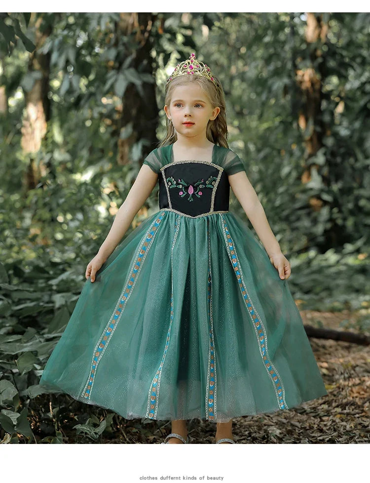 Girls' Summer Anna Frozen Baby Dress Child Green Dress Up Halloween Costume for Kids Princess Party Cosplay Dresses 2 to 8 Years