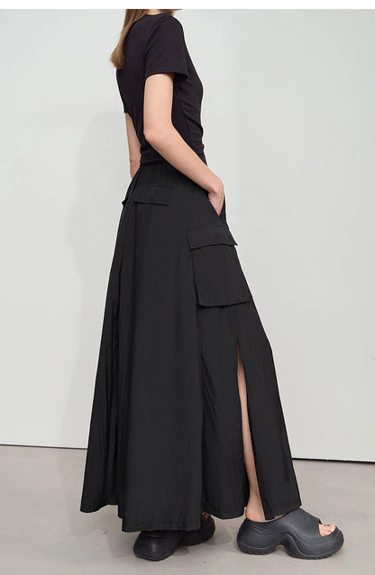 Vacation Long Skirt 2025 Summer Women Loose Sun Protection Office Lady Solid Pockets Elastic Waist Cord Slit Skirt 12542106