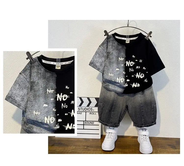 Korean Baby Boys Summer Sets Children's Clothing Short-Sleeved Letter T-Shirt & Denim Shorts Kids Boys Outfits Clothes 2-11Y