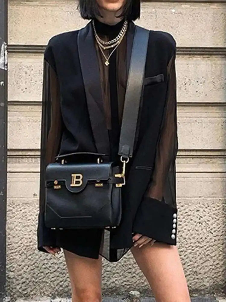 Fashion Women's Blazer Fake 2 Pcs O-neck Splicing Translucent Gauze Long Sleleve Suit Jackets Autumn 2025 New Tide 17A2746