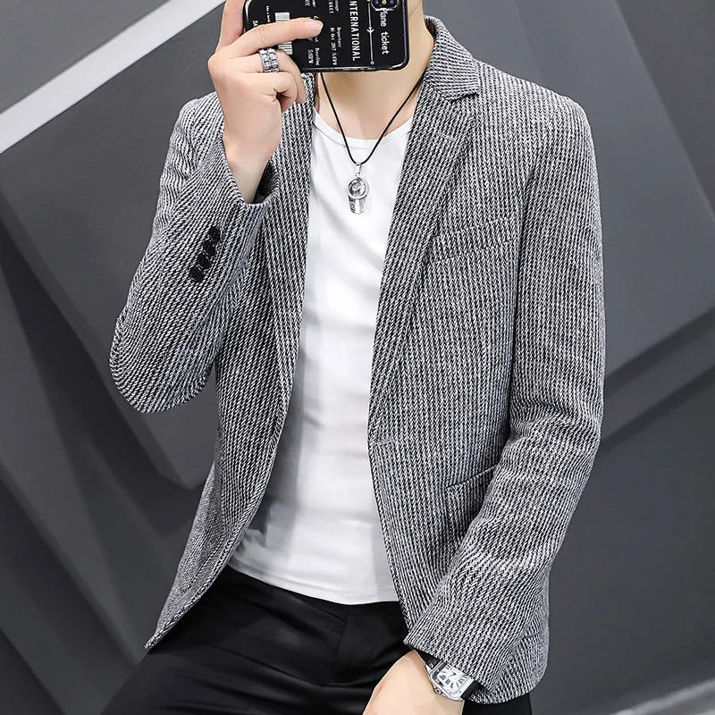 Blazer New Men's Fashion Business Vertical Strip Gentleman Slim Wool Shopping Outdoor Performance Wedding Banquet Casual Blazer