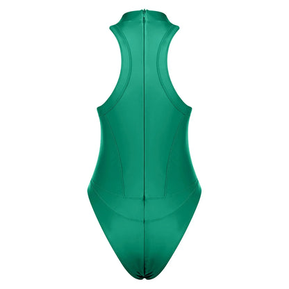 Womens Oil-shiny One-piece Bathing Suit Quick-drying Sleeveless Flat Seams High Cut Bodysuit Swimwear for Pool Beach Surfing