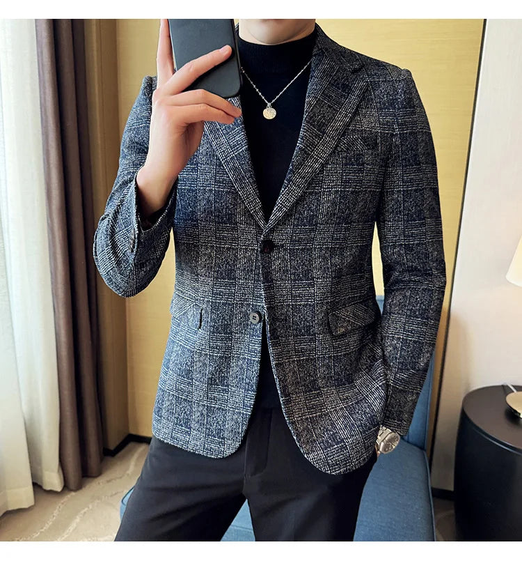 High Quality Meteor Grid Suit Jackets Men British Style Slim Fit Business Casual Fashion Blazers Formal Men Wedding Party Tuxeds
