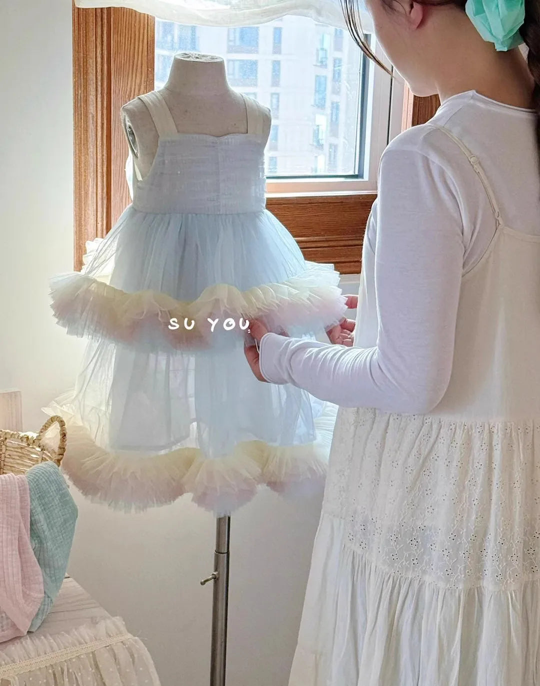 Sweet Baby Girls Elegant Rainbow Gradient Tutu Princess Cake Sundress Kids Tulle Ruffle Trim Puffy Birthday Party Casual Gown