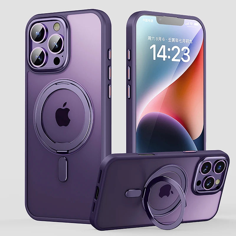 360° Rotating Stand Magnetic Case For iPhone 17 16 15 14 13 12 11 Pro Max Plus 17Air 16e Premium Metal Button Folding Bracket